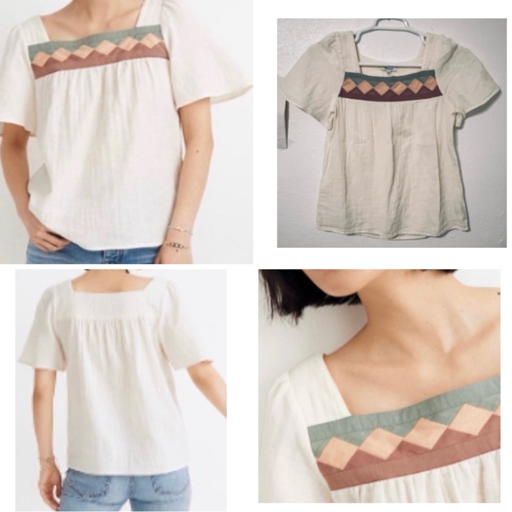 NEW Madewell Patchwork Square-Neck Blouse  Flutter Sleeves and Geometric Design